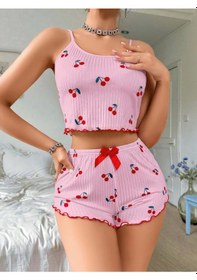Resim Findit Pembe Kiraz Desenli Askılı Şortlu Pijama Pembe 