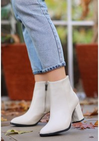 Resim Pabucmarketi Bej Suni Deri Topuklu Kadın Bot Çok Renkli 