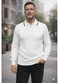 Resim Bigümex Erkek Çizgili Polo Yaka Fermuarlı Sweatshirt Beyaz 