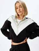 Resim Renk Bloklu Dik Yaka Üç İplik Şardonlu Yarım Fermuarlı Crop Sweatshirt 