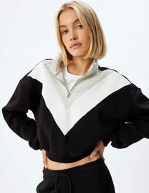 Resim Renk Bloklu Dik Yaka Üç İplik Şardonlu Yarım Fermuarlı Crop Sweatshirt 