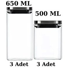 Resim Kitchen Design Lab Vakum Krom Kapaklı Kare Cam Kavanoz 650 ML 500 ML Saklama Kabı 6 Adet 