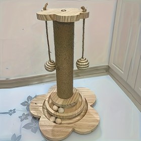 Resim Dönme Tabanlı Lüks Katı Ahşap Kedi Tırmalama Direği - Etkileşimli Teaser Çubuk & Dayanıklı Sisal Tırmanma Standı Oynak Kediler İçin 