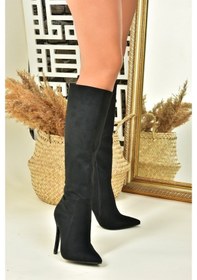 Resim Fox Shoes Siyah Süet Ince Topuklu Sivri Burun Kadın Çizme N372530102 