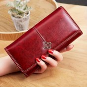 Resim Vintage Kırmızı Sentetik Deri Kadın Cüzdanı - Çoklu Kart Yuvalı, Dokulu Bitişli & Dekoratif Metal Tokalı İnce Bifold Tasarım, Sevimli Cüzdan 