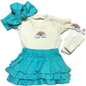 Resim Özge Başaran Kız Bebek Mint Fırfırlı Şortlu Etek, Kolsuz Bluz, Gökkuşağı Figürlü Çorap Fiyonklu Mint 