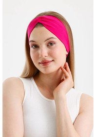 Resim Butik Çapraz Bağlamalı Kadın Bandana Saç Bandı, Kaymaz Yumuşak Esnek%100 Pamuklu Penye - Tek Ebat / Fuşya Fuşya 