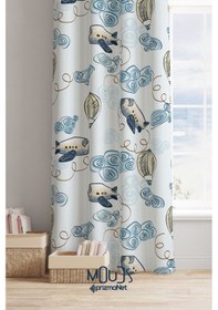 Resim Mavi Uçak Desenli Fon Perde Çocuk Ve Bebek Odası Süet Dijital Baskılı Ekstrafor Büzgü Tek Kanat Çok Renkli 