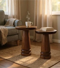 Resim ASELYA HOME Doğal Ahşap 2’li Set Mantar Yan Sehpa Modern Fiskos Zigon Çiçeklik 