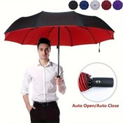 Resim Otomatik Açma/Kapama, Rüzgar Geçirmez Üç Katlı Şemsiye - Gelişmiş Yağmur Koruması için Dayanıklı, Kalınlaştırılmış Gölgelik, İş Kullanımı için İdeal, Otomatik Katlanır Şemsiye 