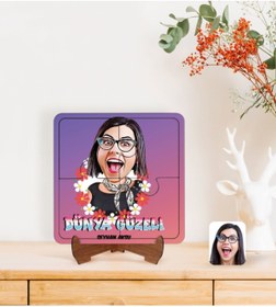 Resim Bk Gift Kişiye Özel Dünya Güzeli Karikatürlü Ahşap Standlı Puzzle Çerçeve-1 