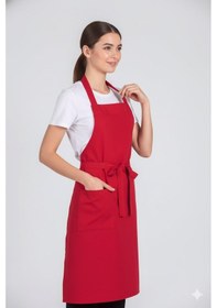 Resim Kadın Boyundan Asmalı Barista Şef Mutfak Önlüğü 60x85 Cm Kırmızı 