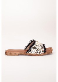 Resim Dilimler Ayakkabı Kadın Düz Topuklu Terlik Siyah Taşlı Püsküllü Kalın Tekbant-3922 Siyah 