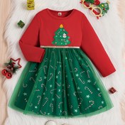 Resim Kızlar İlkbahar Sonbahar Kış Moda Sevimli Vintage Kırmızı Yuvarlak Yaka Uzun Kollu Noel Ağacı Karikatür Baskılı Orta Bel Altın Kurdele Süslemeli Yeşil Düz Renk File Şeker Desenli Astarlı Elbise 