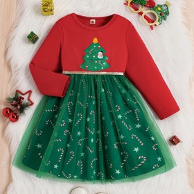 Resim Kızlar İlkbahar Sonbahar Kış Moda Sevimli Vintage Kırmızı Yuvarlak Yaka Uzun Kollu Noel Ağacı Karikatür Baskılı Orta Bel Altın Kurdele Süslemeli Yeşil Düz Renk File Şeker Desenli Astarlı Elbise 