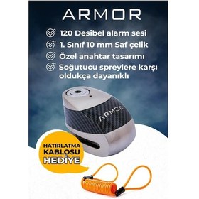 Resim Armor 610 Mva 10 Mm Alarmlı Çelik Disk Kilit Motorsiklet Kilidi+hatırlatma Kablosu 
