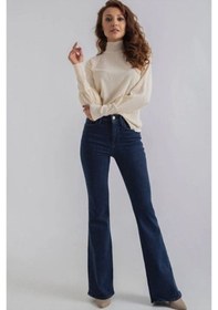 Resim Ispanyol Renk Solmaz Likralı Yüksek Bel Koyu Mavi İspanyol Jeans Pantolon Koyu Mavi 