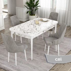 Resim Canisa Concept Eta Serisi 80 x 132 cm Açılabilir Mdf Yemek Odası Masa Takımı Beyaz Mermer Desen Masa 4 Sandalye 