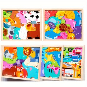 Resim Ahşap 3D Puzzle Seti Çocuklar İçin - Eğitici Hayvan, Okyanus, Dinozor, Çiftlik ve Ulaşım Temaları - Karışık Renkli Ahşap Oyuncak Bloğu Hediye Seti Erkek ve Kız Çocuklar İçin - Öğrenme, Doğum Günü, Cadılar Bayramı, Şükran Günü, Noel İçin İdeal 