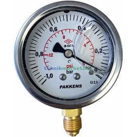 Resim 63Mm -1 0 Bar 1 4" Alttan Çıkışlı Gliserinli Vakummetre Pakkens 