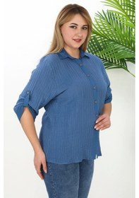 Resim Lady Majestic %100 Cotton Büyük Beden Kadın Müslin Kumaş Gömlek Mavi 