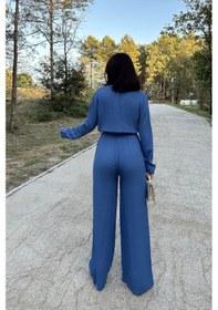 Resim Kadın İndigo Uzun Kol, Yuvarlak Yaka, Beli Lastikli Ve Kemerli, Çift Cepli, Salaş Tulum Indıgo 
