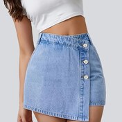 Resim Kadınlar İçin Yüksek Bel Esnek Kot Etek-Short - Retro Tarz, Düğme Kapama, Yırtmaç Cepli, Açık Mavi, Günlük İlkbahar/Yaz Kıyafeti 