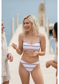 Resim Riviera Beyaz / Kırmızı / Lacivert Çizgili Premium Bandeau Bikini Üstü-3473 