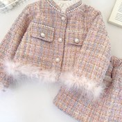 Resim Sonbahar ve Kış İçin Yeni İnci Detaylı Kız Çocuk Takım Elbise, Dış Mekan Kullanımına Uygun İki Parçalı Ceket ve Etek Seti 