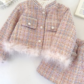 Resim Sonbahar ve Kış İçin Yeni İnci Detaylı Kız Çocuk Takım Elbise, Dış Mekan Kullanımına Uygun İki Parçalı Ceket ve Etek Seti 