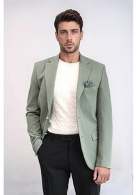 Resim Haki Yeşil Kendinden Desenli Örme Altın Renk Metal Düğmeli Slim Fit Erkek Blazer Ceket - Wessi Green 