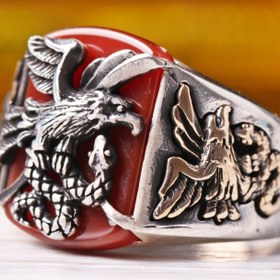 Resim 925 Sterling Silver Freedom Eagle Style Agate Aqeeq Stone Mens Ring - US: 13.75 / 72 mm / Turk: 32 