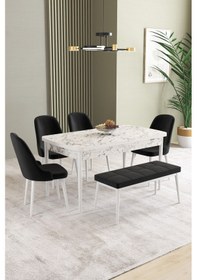 Resim Ikon Beyaz Mermer Desen 80x132 Mdf Açılabilir Yemek Masası Takımı 4 Sandalye, 1 Bench Siyah 