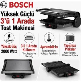 Resim Bosch 3’ü 1 Arada Kullanıma Uygun Yapışmaz Plakalı 2000 W Tost ve Izgara Makinesi, Hızlı Isınan Kompakt Tasarım, Pratik Temizlik ve Günlük Mutfak Kullanımına Ideal 