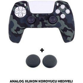 Resim Ps5 Dualsense Uyumlu Kamuflaj Desenli Koruyucu Silikon Kılıf + Analog Silikon Koruyucu Siyah Kamuflaj 
