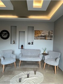 Resim Azra Mobilya Azra Aksesuar Çay Seti Oturma Grubu, Puffy Kumaş, Koltuk Takımı, Ahşap Ayak, Balkon Bahçe Mobilyası Açık Gri 