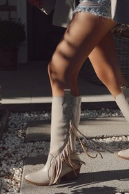 Resim POLKA STORE Tassel Püskül Detaylı Troklu Uzun Diz Altı Western Kadın Kovboy Çizme 