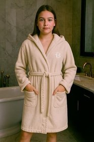 Resim LaraLisa Collection Kapüşonlu Cepli Doğal Pamuk Slim Kalıp Garson Boy Kız Erkek Unisex Bornoz Bej 13-14 Yaş 