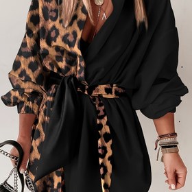 Resim Kadınlar için Leopar Desenli Sarılmış Elbise - V-Yaka ve Düğme Detayları ile Şık Siyah ve Kahverengi Desen, Tüm Mevsimler için Uygun, Casual'den Semi-Resmi Giysiye, Casual Giysi|Vboy Elbise|Sarılmış Elbise 