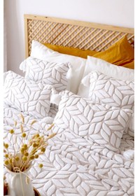 Resim İskandinav Yatak Örtüsü Seti Çift Kişilik Set Bohem Punch Panç Desen Lotus Bej Renkli 