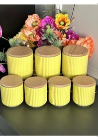 Resim Edora Sarı 7 Parça Baharatlık Takımı,bambu Vakum Kapaklı Kavanoz Seti 