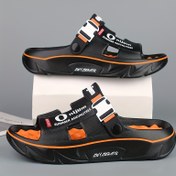 Resim Erkekler için Hafif Nefes Alabilir Kaymaz Sandaletler Ayak Masajlı Tabanlı - Ev, Plaj, Sürüş ve Spor İçin Slip-On EVA Terlikler - Siyah/Turuncu Harf Baskılı Tasarım, Koku Dirençli, Büyük Bedenler Mevcut, Günlük Ayakkabılar, Trendy Ayakkabılar, Yastıklı Taban, Çok Yönlü Ayakkabılar, Günlük Kullanım 