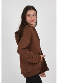Resim Toontoy Kız Çocuk Kapüşonlu Fermuarlı Cepli Düşük Omuz Nakış Baskılı Örme Hırka - 3 İplik Şardonsuz Kahverengi 
