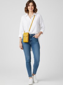 Resim Deriderim Sarı Hakiki Deri Çapraz Askılı Telefon Çantası Ve Kartlıklı Fermuarlı Kadın Çanta 