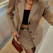 Resim Kadın 2'li Takım Elbise - Uzun Kollu Blazer & Etek, Düğmeli Önü Kapüşonlu, Düz Renk, İlkbahar/Sonbahar Ofis Giyimi, Profesyonel Kıyafet, İş Günlük, |Düğmeli Blazer| Şekilli Etek, Kadın Takım Elbise 