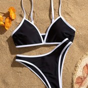 Resim Kontrast Trim 2 Parça Set Bikini, V Yaka Sıkı Yüksek Kesim Mayo, Kadın Mayo Ve Giyim 