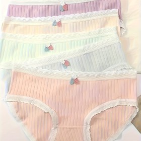 Resim 5 adet Kadın Orta Boy İç Çamaşırı, Sweetheart Jacquard Tasarımı, Nefes Alabilen Kalça, Rahat Uyum, Çeşitli Renkler (Pembe, Mavi, Yeşil, Sarı, Mor), Çekirdek Detayı ile Sevimli Stil, Günlük İç Çamaşırı | Oyuncak Bikini | Yumuşak Elastik Bel 