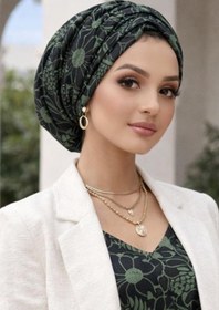 Resim Aişe tesettür Haki Siyah Desenli Büzgülü Salaş Bone 