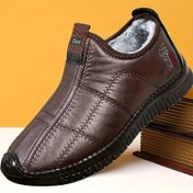 Resim Erkekler İçin Tüm Mevsim Casual Slip-On Kar Botları, Tek Renk, Kısa Bot Yüksekliği, Rahat Kalın Taban, Sıcak Yünlü Astar, Kaymaz PU Taban, Kumaş İç Malzeme, PU Üst ve Taban ile 