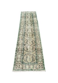 Resim El Dokuma Eskitme Halı 82x274 Yeşil Vintage Yolluk Yün Kök Boya Yeşil 
